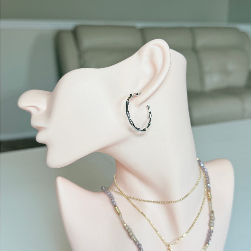Silver Bamboo-Style Hoop Earrings - Women Jewelry